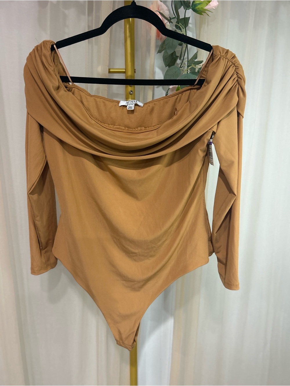 AFRM Camel Off Shoulder Draped Bodysuit XL Double Lined Soft Stretch NWT